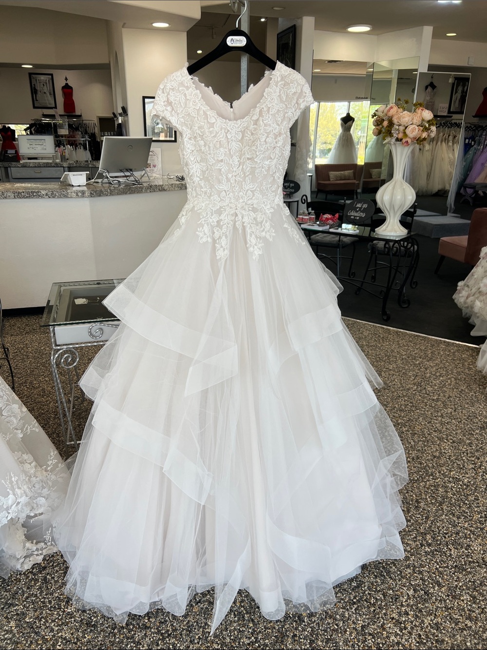 Mori Lee Ivory Lace Appliqué V-Neck Layered Tulle Ball Gown